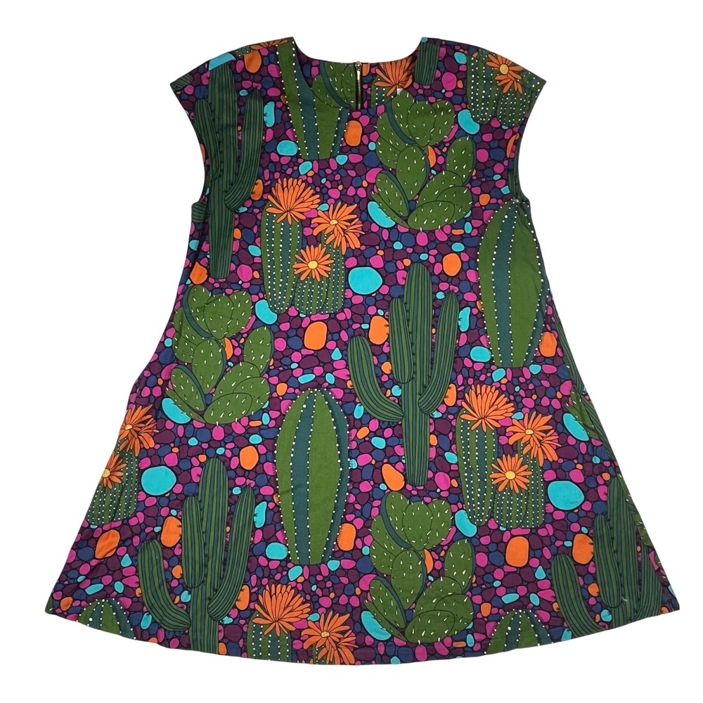 Cousin Earl Shift Dress Womens Small Multicolor Cactus Print Pockets Mod Retro